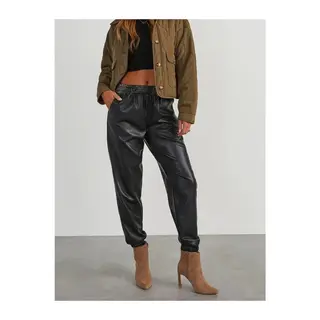 Kadın Yüksek Bel Lastikli önü Düğmeli Deri Pantolon