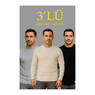 Erkek Fitilli Triko Kazak 3lü Set Bej Gri Siyah Regular Fit Bisiklet Yaka Triko Seti Kazak Modeli