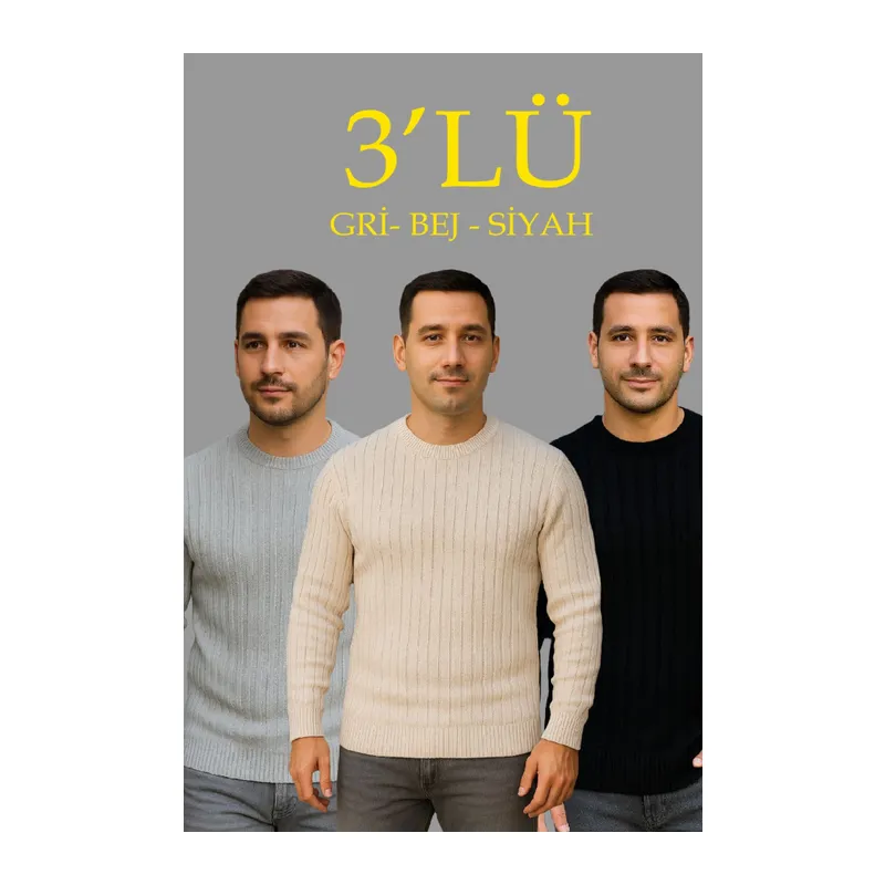 Erkek Fitilli Triko Kazak 3lü Set Bej Gri Siyah Regular Fit Bisiklet Yaka Triko Seti Kazak Modeli