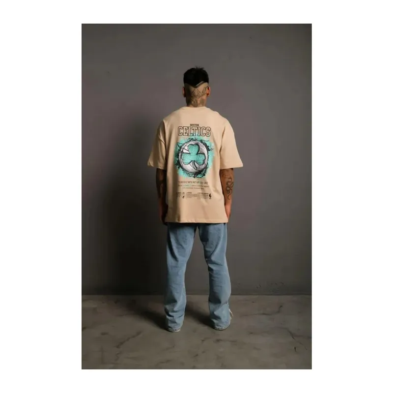Erkek Sırt Baskılı T-shirt - Bej