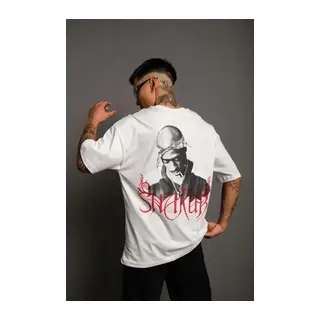 Erkek Oversize Tişört – Beyaz 24/1 Penye Kumaş, Bisiklet Yaka, Ön - Arka Baskılı, Streetwear Tarzı Rahat Büyük Kalıp T-Shirt- Beyaz