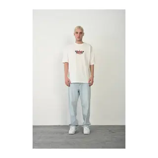 Unisex Bisiklet Yaka Baskılı Oversize T-Shirt - Beyaz
