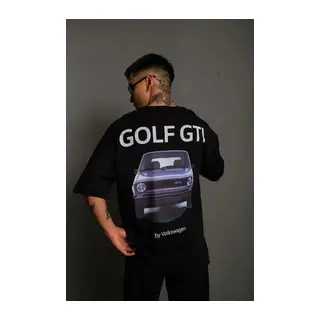 Erkek Oversize Baskılı Tişört – Golf GTI Retro Araba Desenli, Ön - Arka Dijital Baskı, Sokak Modası Stil - Siyah
