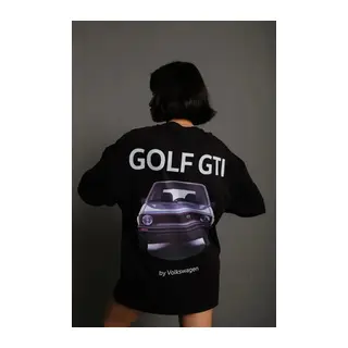 Oversize Baskılı Tişört – Golf GTI Retro Araba Desenli, Ön - Arka Dijital Baskı, Sokak Modası Stil - Siyah
