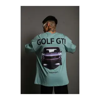 Erkek Oversize Baskılı Tişört – Golf GTI Retro Araba Desenli, Ön - Arka Dijital Baskı, Sokak Modası Stil - Mint Yeşili
