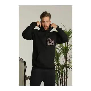 Erkek Oversize Üç İplik Kapüşonlu Sweatshirt –Sırt Ve Ön Baskılı, Kanguru Cepli, Rahat Kalıp Maskot Desenli Model - Siyah