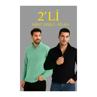 Erkek Fitilli Triko Kazak 2’li Set – Mint Yeşili - Siyah, Kalın Dokuma Pamuklu Regular Fit V Yaka Fermuarlı Uzun Kollu Rahat Kışlık Kazak Kombini