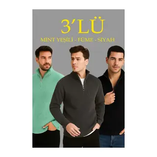 Erkek Fitilli Triko Kazak 3’lü Set – Mint Yeşili, Siyah, Füme Kalın Dokuma Pamuklu Regular Fit V Yaka Fermuarlı Uzun Kollu Rahat Kışlık Kazak Kombini