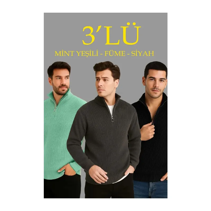 Erkek Fitilli Triko Kazak 3’lü Set – Mint Yeşili, Siyah, Füme Kalın Dokuma Pamuklu Regular Fit V Yaka Fermuarlı Uzun Kollu Rahat Kışlık Kazak Kombini