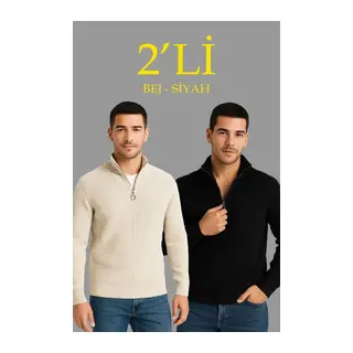 Erkek Fitilli Triko Kazak 2’li Set – Siyah - Bej Kalın Dokuma Pamuklu Regular Fit V Yaka Fermuarlı Uzun Kollu Rahat Kışlık Kazak Kombini