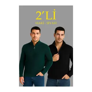 Erkek Fitilli Triko Kazak 2’li Set – Siyah - Haki Kalın Dokuma Pamuklu Regular Fit V Yaka Fermuarlı Uzun Kollu Rahat Kışlık Kazak Kombini