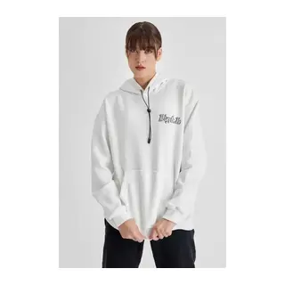 Kapüşonlu Sırt Baskılı Üç İplik Oversize Sweatshirt - Beyaz