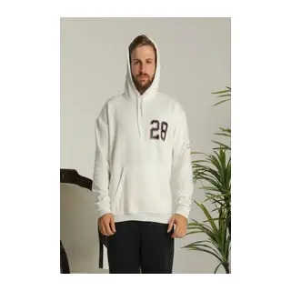 Erkek Sırt Baskılı Oversize Üç İplik Kapüşonlu Sweatshirt - Beyaz