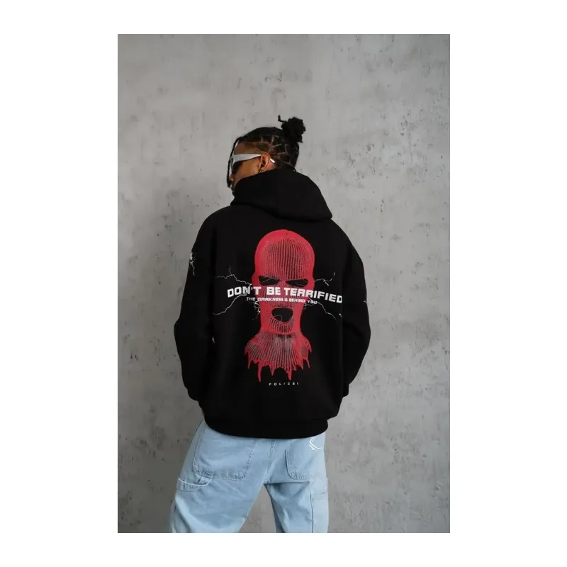 Erkek Maske Baskılı Kapüşonlu Sweat - Siyah