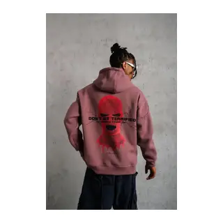Erkek Maske Baskılı Kapüşonlu Sweat - Gül Kurusu