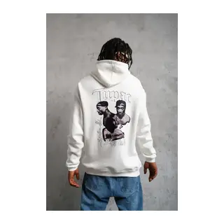Erkek Kol Ve Etek Ribana Baskılı Kapüşonlu Sweat - Beyaz