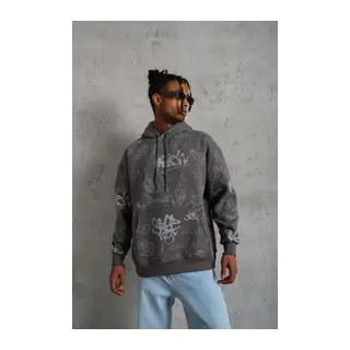 Erkek Baskılı Kapüşonlu Ribanalı Sweat - Gri
