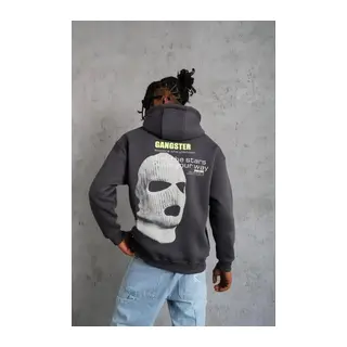 Erkek Kordonlu Maske Baskılı Kapşonlu Sweat - Gri
