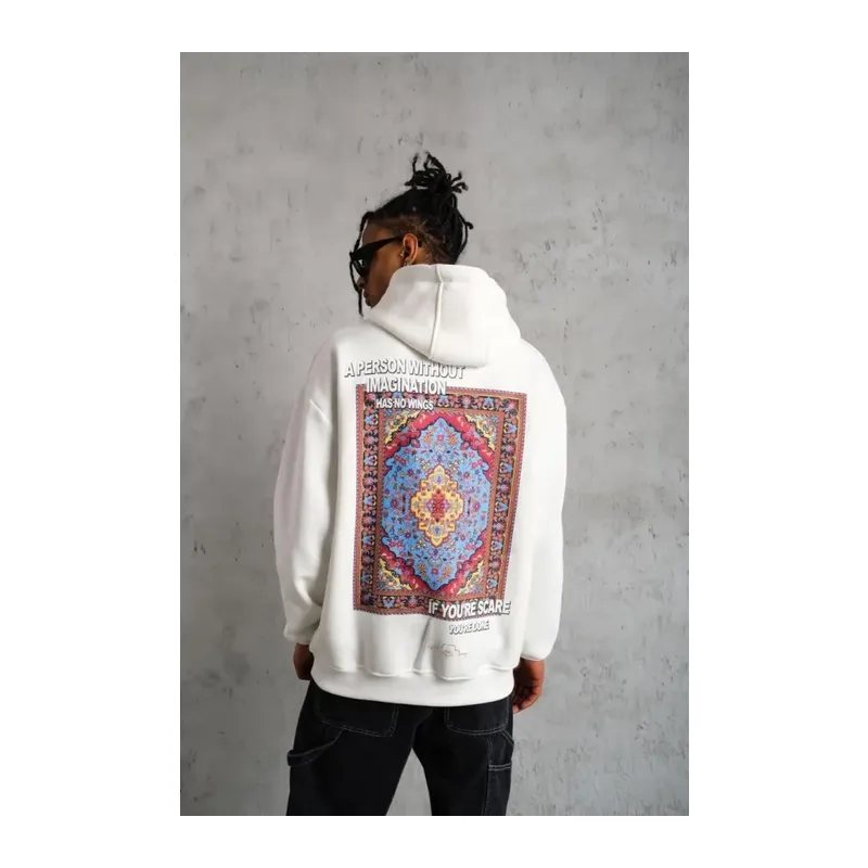 Erkek Kilim Desen Kapüşonlu Sweat- Beyaz