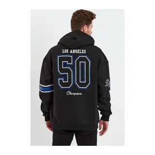 Erkek Baskılı Kapşonlu Üç Iplik Oversize Sweatshirt - Siyah