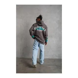 Erkek Üç İplik İçi Pamuklu Alev Baskılı Kapüşonlu Sweatshirt - Gri
