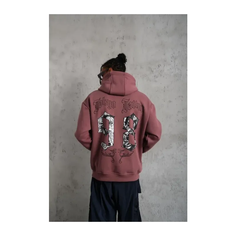 Erkek 98 Baskılı Kapşonlu Sweat - Gül Kurusu