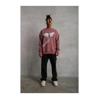Erkek Güvercin Baskılı Sweatshirt - Gül Kurusu