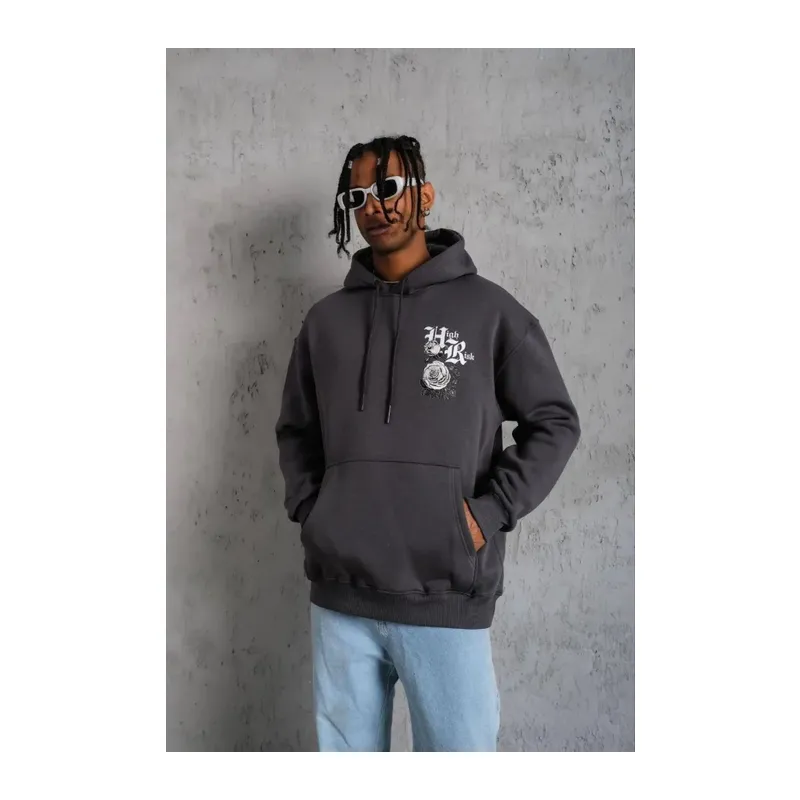 Erkek Baskılı Kapşonlu Sweat - Füme