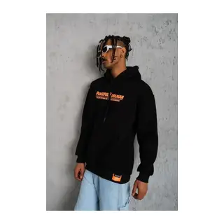 Erkek Armalı Baskılı Kapüşonlu Sweatshirt - Siyah