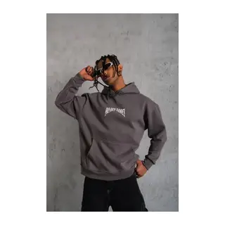 Erkek Kordon İpli Baskılı Kapüşonlu Sweatshirt - Füme