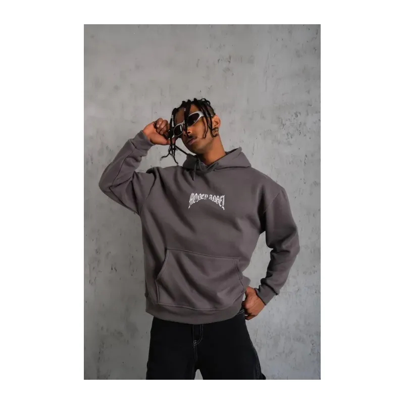 Erkek Kordon İpli Baskılı Kapüşonlu Sweatshirt - Füme
