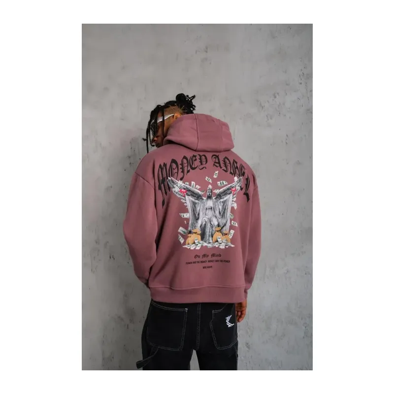 Erkek Kordon İpli Baskılı Kapüşonlu Sweatshirt - Gül Kurusu