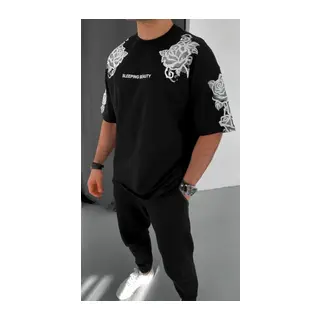 Unisex Flok Kabartma Baskılı T-Shirt - Siyah