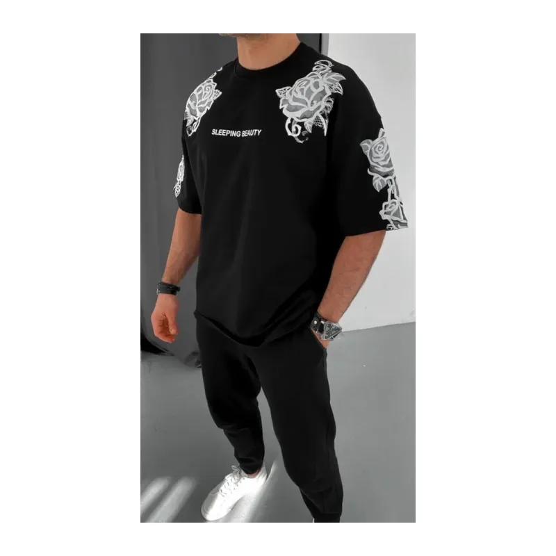 Unisex Flok Kabartma Baskılı T-Shirt - Siyah