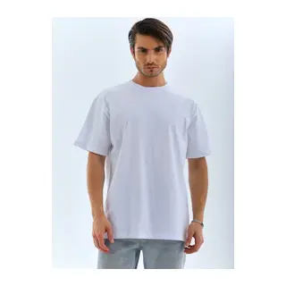 Unisex Oversize Düz Bisiklet Yaka T-Shirt - Beyaz
