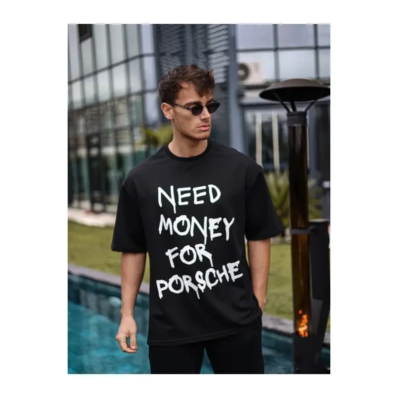Unisex Bisiklet Yaka Baskılı Oversize T-Shirt - Siyah