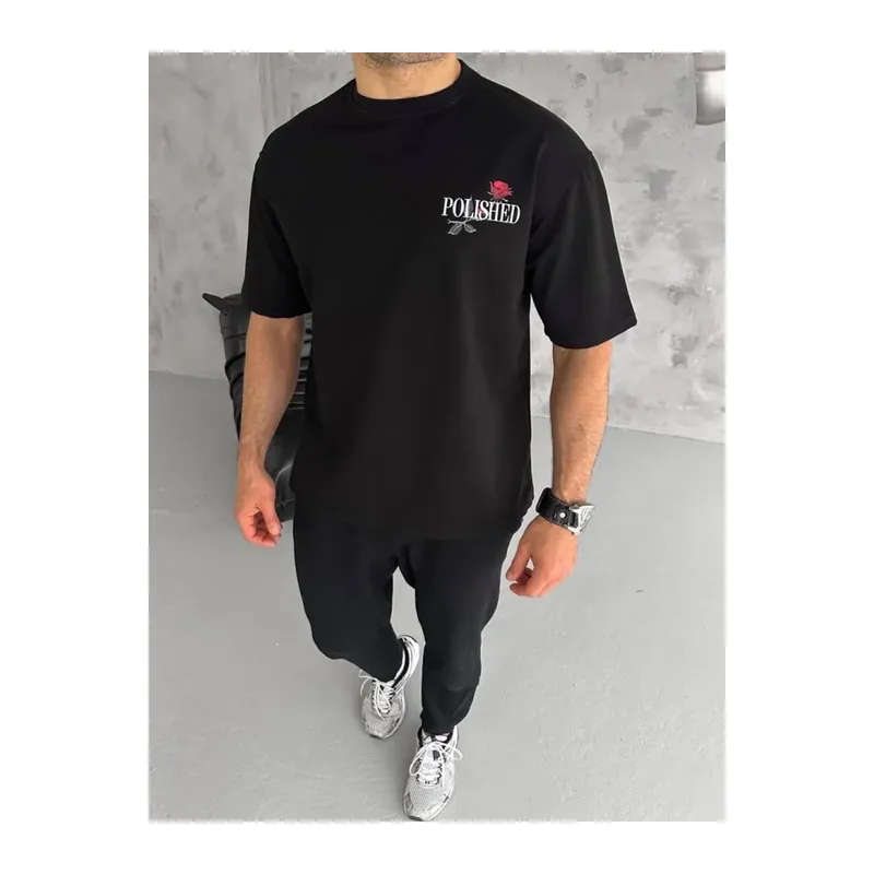 Unisex Bisiklet Yaka Baskılı Oversize T-Shirt - Siyah