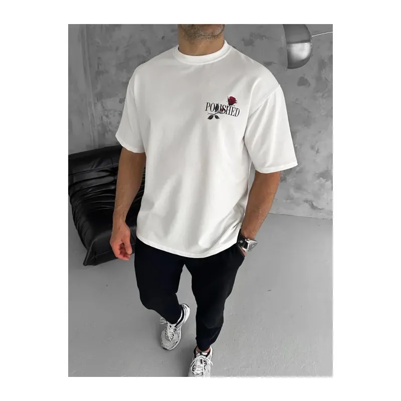 Unisex Bisiklet Yaka Baskılı Oversize T-Shirt - Beyaz