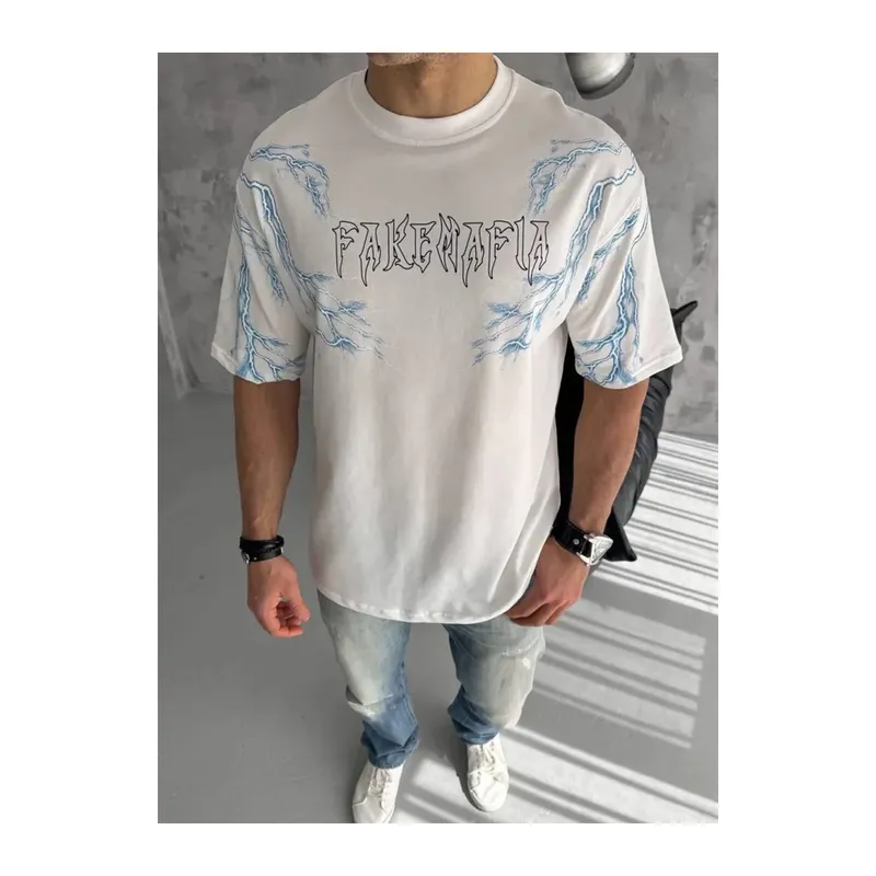 Unisex Bisiklet Yaka Baskılı Oversize T-Shirt - Beyaz