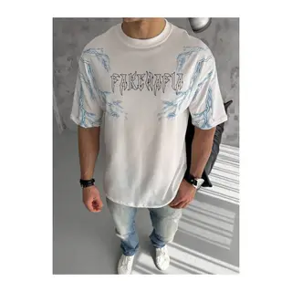 Unisex Bisiklet Yaka Baskılı Oversize T-Shirt - Beyaz