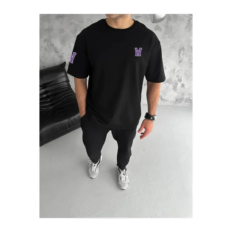 Unisex Bisiklet Yaka Baskılı Oversize T-Shirt - Siyah