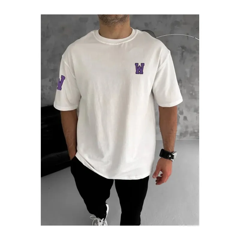 Unisex Bisiklet Yaka Baskılı Oversize T-Shirt - Beyaz