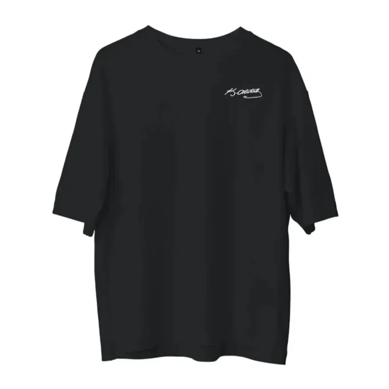 Unisex Bisiklet Yaka Baskılı Oversize T-Shirt - Siyah