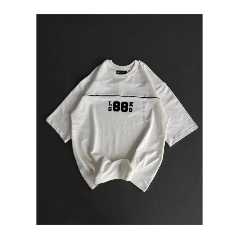 Unisex Bisiklet Yaka Baskılı Oversize T-Shirt - Beyaz