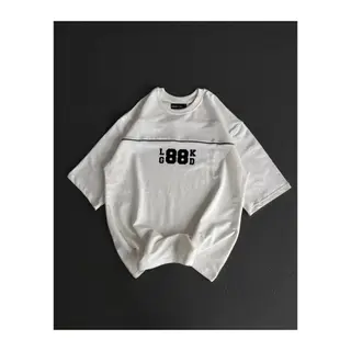 Unisex Bisiklet Yaka Baskılı Oversize T-Shirt - Beyaz