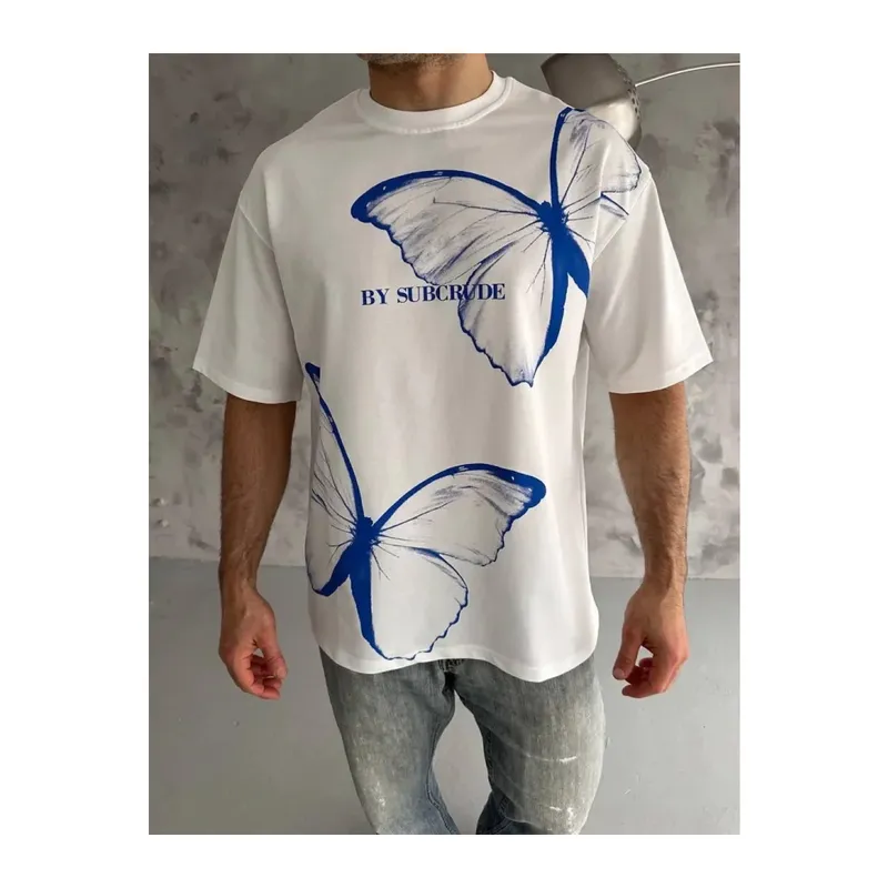 Unisex Bisiklet Yaka Baskılı Oversize T-Shirt - Beyaz