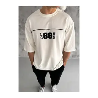 Unisex Bisiklet Yaka Baskılı Oversize T-Shirt - Beyaz