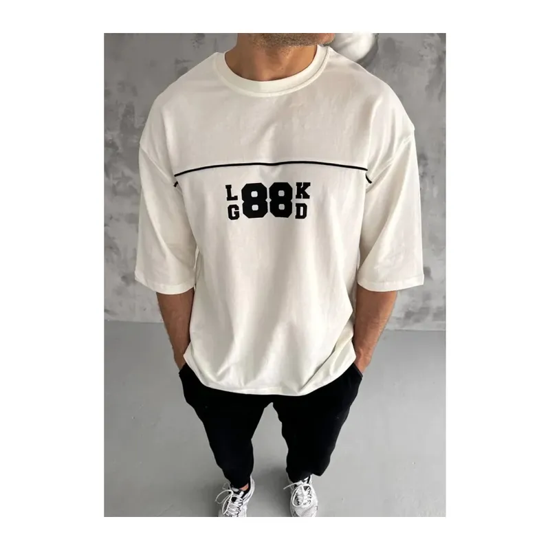 Unisex Bisiklet Yaka Baskılı Oversize T-Shirt - Beyaz