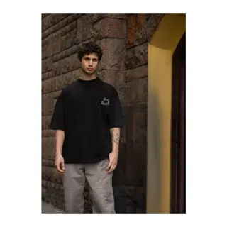 Unisex Bisiklet Yaka Baskılı Oversize T-Shirt - Siyah