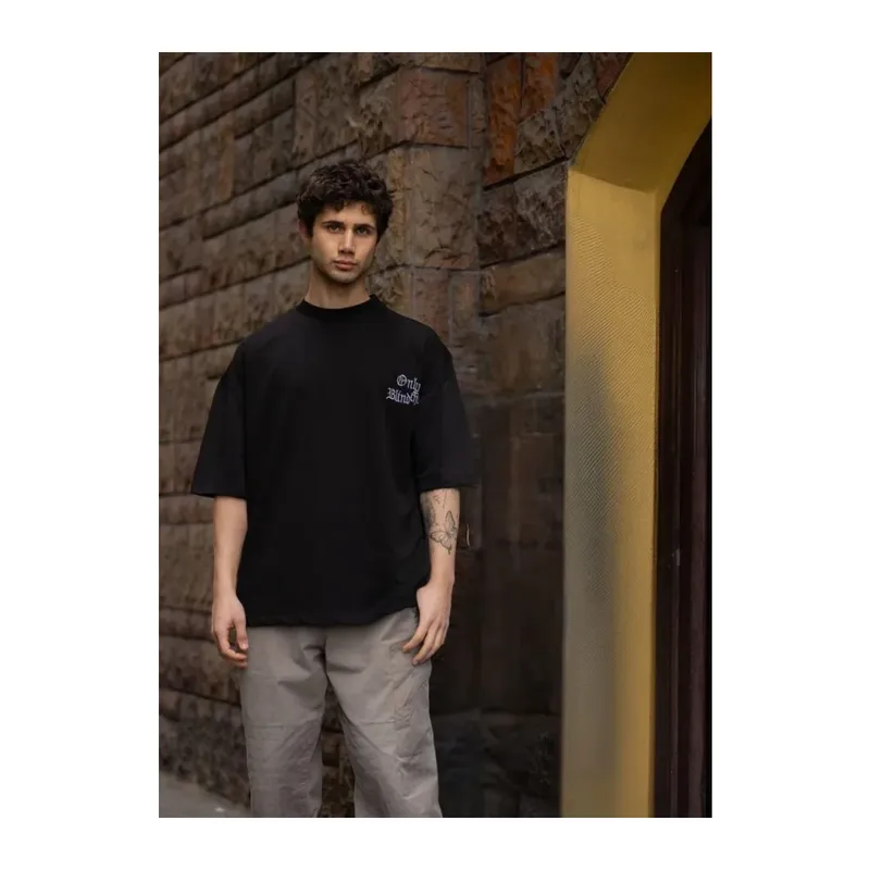 Unisex Bisiklet Yaka Baskılı Oversize T-Shirt - Siyah
